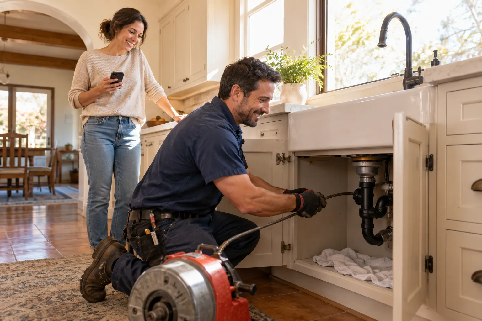 Friendly plumber clearing a kitchen sink drain in a home near San Diego