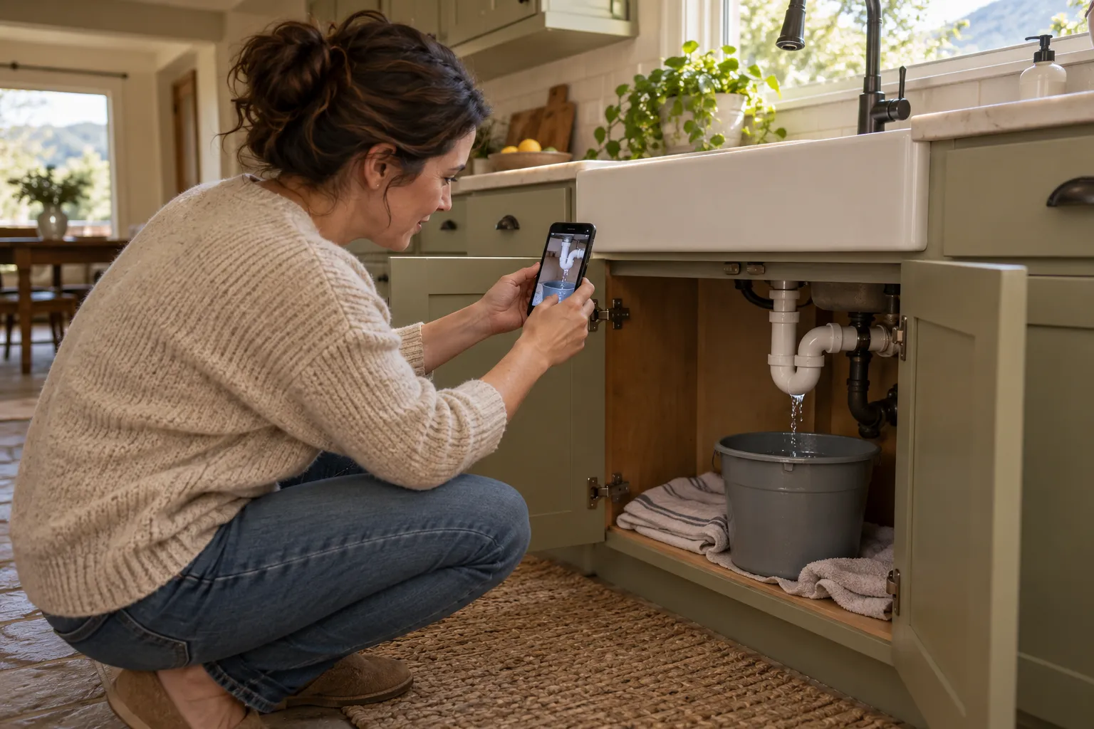 A homeowner in San Diego photographing a leaking kitchen sink pipe with a phone
